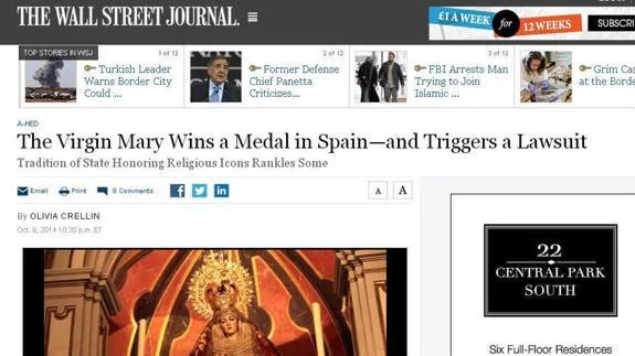 La polémica medalla al mérito policial a la Virgen del Amor, en The Wall Street Journal