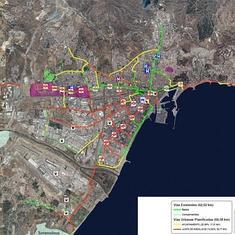 Plano de los carriles bici en Málaga, con las indicaciones de su ejecución y las administraciones que los llevan a cabo.