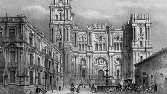 Alzado de la Catedral y plaza del Obispo en una litografía de Chapuy de 1850 .