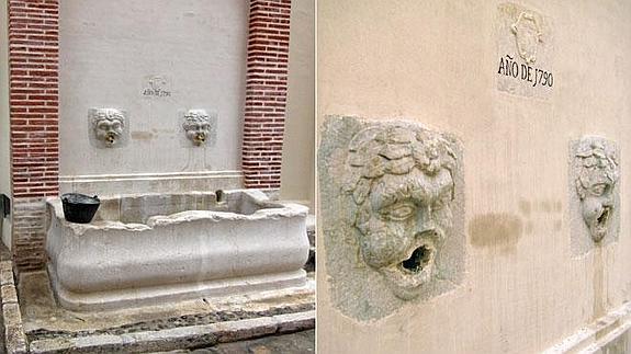 La fuente con los caños de latón y, a la derecha, ya desprovista de ellos.