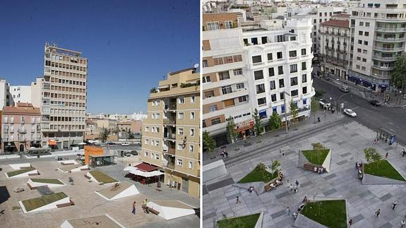 La nueva plaza de Camas, aún en obras y, a la derecha, la Plaza Dalí, en el madrileño barrio de Salamanca. 