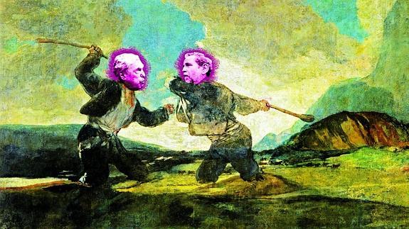 Fotomontaje que toma como base el famoso cuadro de Goya,  'Duelo a garrotazos', en el que se enfrentan el general Fernández Monzón, izquierda, y Willy Toledo