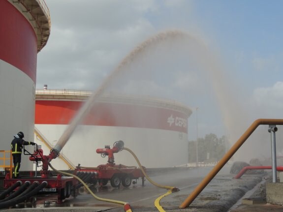 Uno de los operarios del servicio contra incendios, en plena actuación ayer. :: sur
