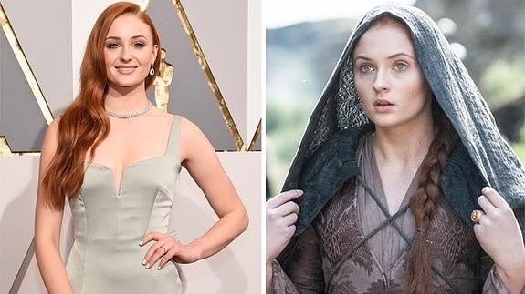 Sophie Turner en los Oscar y, a la derecha, caracterizada de Sansa Stark.