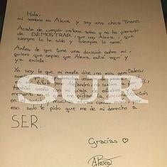 Carta escrita por Alexa y enviada al juzgado que lleva su caso.
