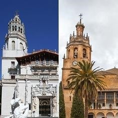 A la derecha, fachada de la Iglesia Santa María la Mayor que inspiró el palacio San Simeón de Hearst.