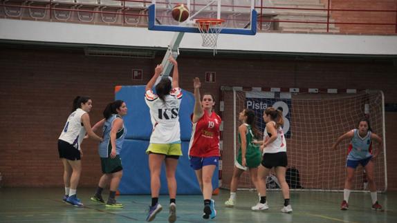 Una jugadora tira a canasta ante la mirada de sus compañeras durante un entrenamiento en el Pabellón de Deportes. 