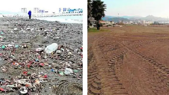 Las toallitas y demás suciedad que había en la playa de Huelin (izquierda) han desaparecido tras las labores de limpieza de Limasa.