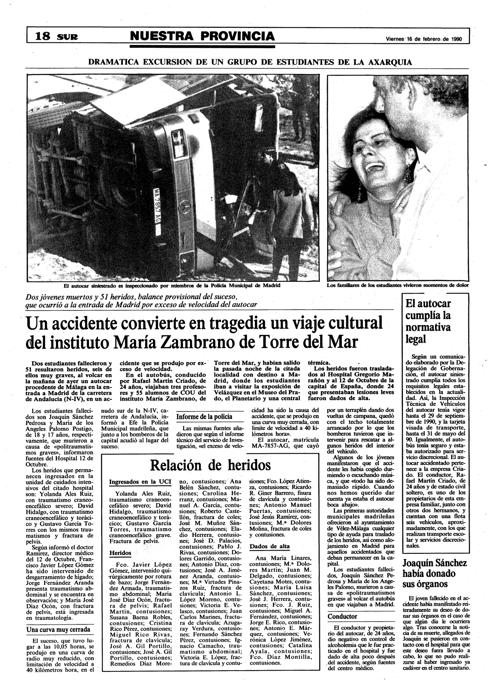 Noticia sobre el accidente publicada en SUR el 16 de febrero de 1990.