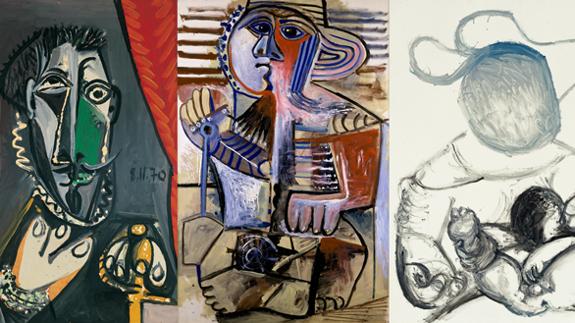 De izqda. a dcha: Busto de hombre. Mougins, 8 noviembre 1970. Óleo sobre contrachapado, 96,5 x 57,5 cm. | Niño con una pala. Mougins, 15 julio y 14 noviembre 1971. Óleo sobre lienzo, 195 x 130 cm. | Maternidad. Mougins, 26 octubre 1970. Óleo sobre lienzo, 116 x 89 cm. Fundación Almine y Bernard Ruiz-Picasso para el Arte. Préstamo temporal en el Museo Picasso Málaga. © FABA © Sucesión Pablo Picasso, VEGAP, Madrid, 2017