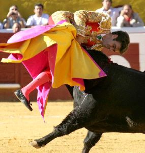 SUSTO. Tomás fue cogido por el primer toro de la tarde. / J. S. S. EFE