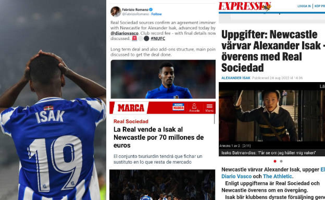 Varias impresiones de la noticia del fichaje de Isak por el Newcastle publicada por El Diario Vasco.