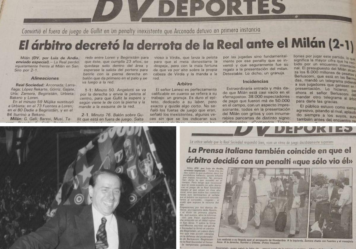 Silvio Berlusconi, tras conseguir el Scudetto 1987/1988 y los recortes de prensa del DV con la crónica del amistoso entre Milan y Real Sociedad el 12 de agosto de 1987.