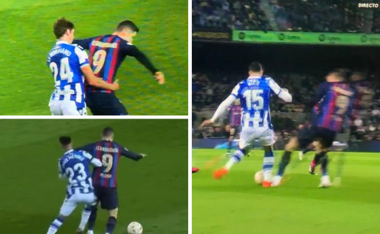 Distintos fotogramas del Barcelona - Real Sociedad con las jugadas polémicas de Robert Lewandowski.