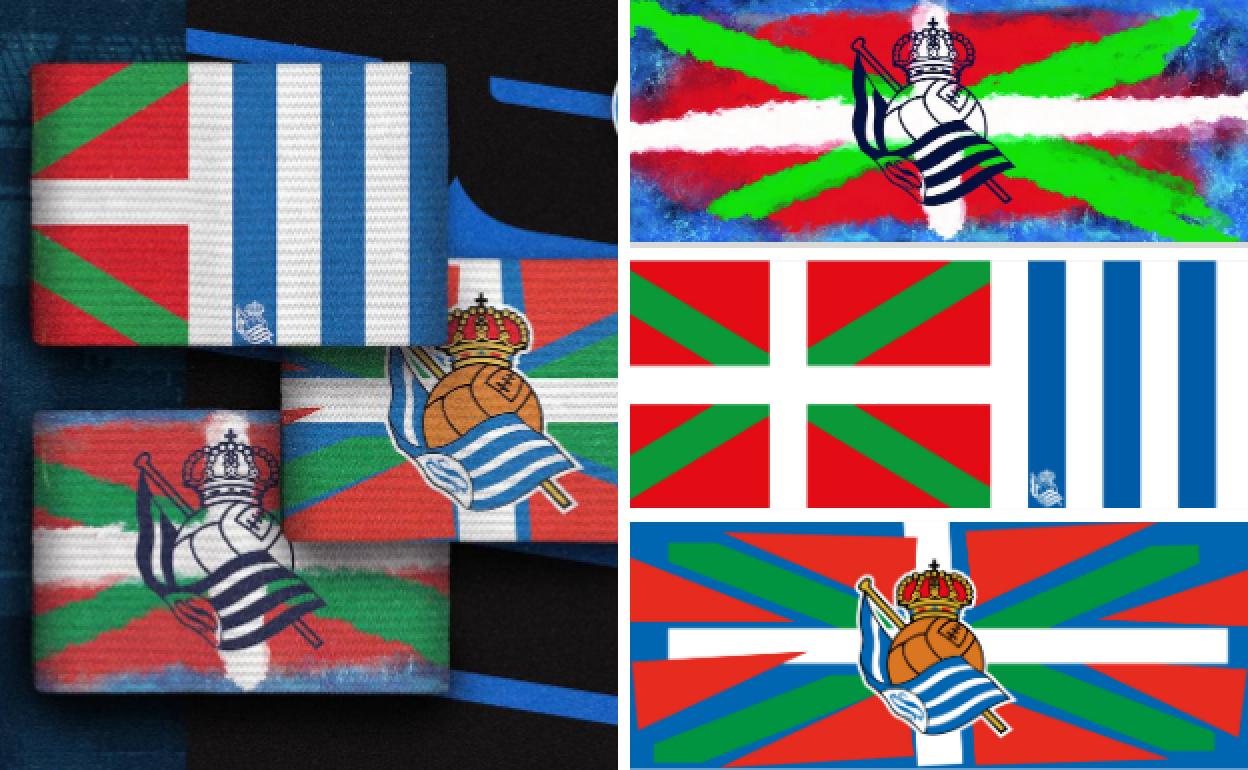 Los tres diseños de los brazaletes por los que el aficionado de la Real puede votar. 
