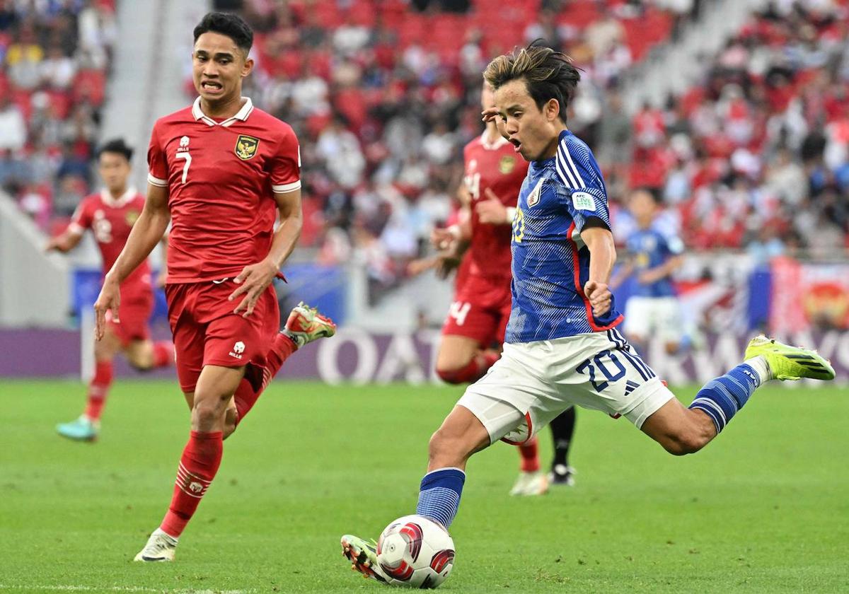 Disparo de Take Kubo que ha supuesto el 2-0 a favor de Japón en el partido de octavos de la Copa Asia.