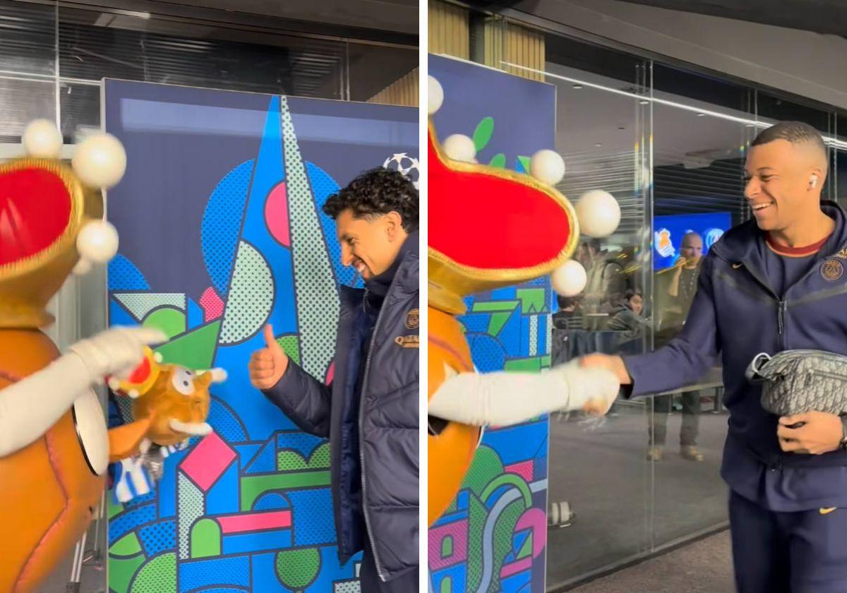 Los jugadores del Paris Saint-Germain conocen a txurdin, la mascota de la Real Sociedad.