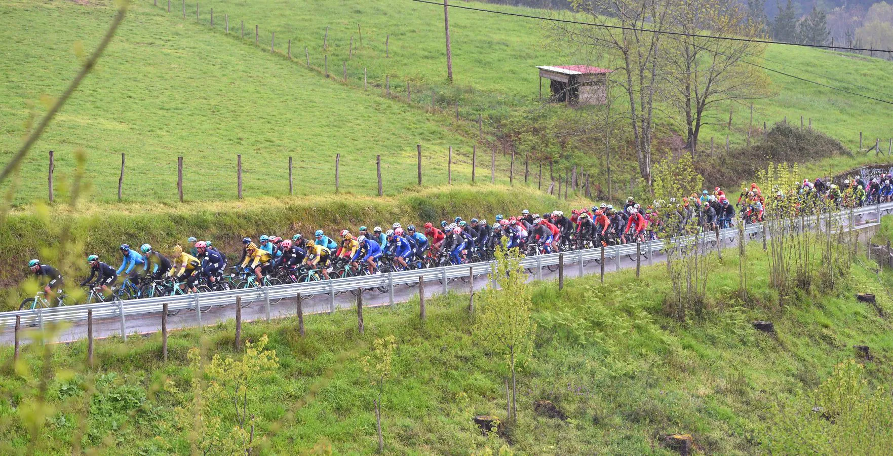 Los ciclistas participantes en la Itzulia 2019 ruedan entre Vitoria y Arrigorriaga