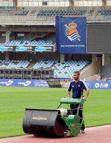 Imagen secundaria 2 - Rubén realiza varias labores: pintura, jardinería, desmontar los asientos de la grada sur...