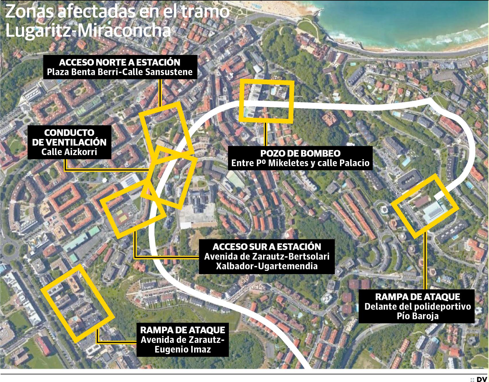 Zonas afectadas por las obras del Metro de Donostialdea entre Lugaritz y Miraconcha