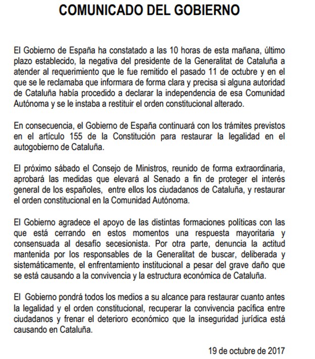 El comunicado del Gobierno tras recibir la carta de Puigdemont.