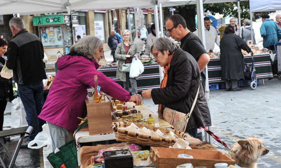 Queso, pan, miel, frutas y verduras son algunos de los productos que se pueden adquirir en el mercado de productos locales que se instala en la plaza Gaskuña el último sábado de cada mes