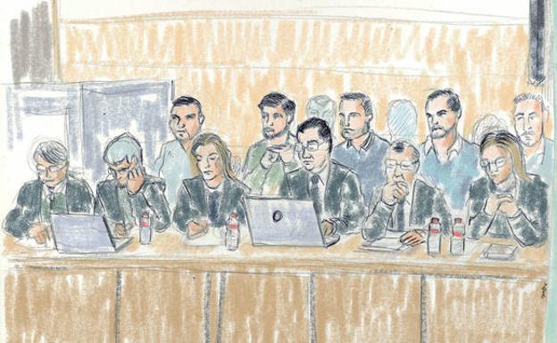 Ilustración con los cinco acusados, detrás de los abogados.