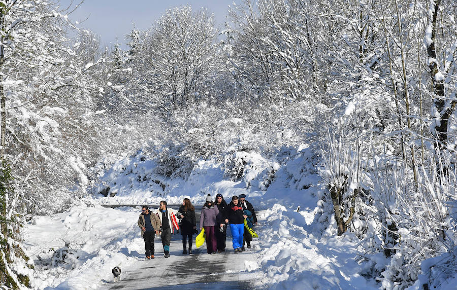 La nieve ha dejado este domingo bellas estampas invernales y familiares en la zona de Aralar, Baraibar y Lekunberri.