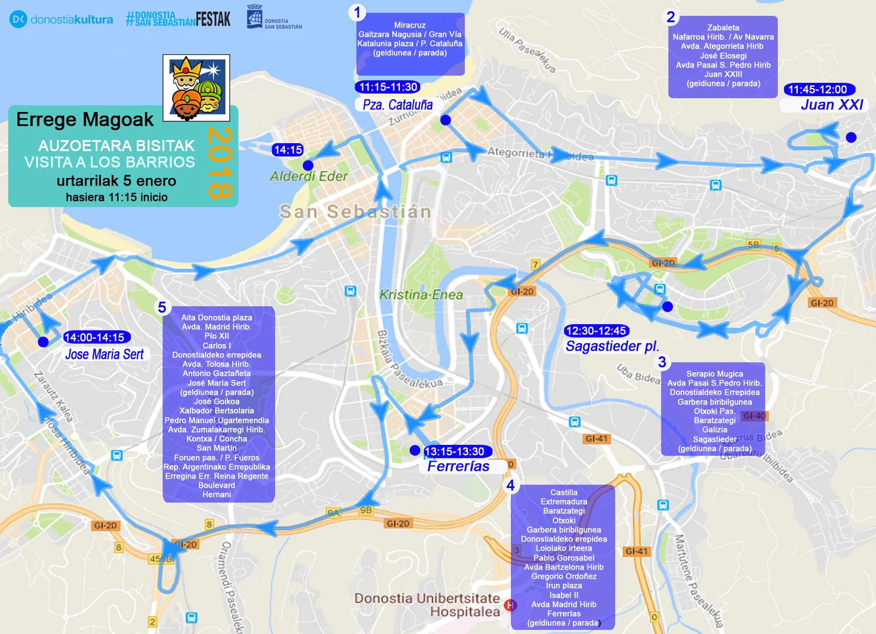 Gráfico. Recorrido y horarios: así será el itinerario de los Reyes Magos en Donostia. 
