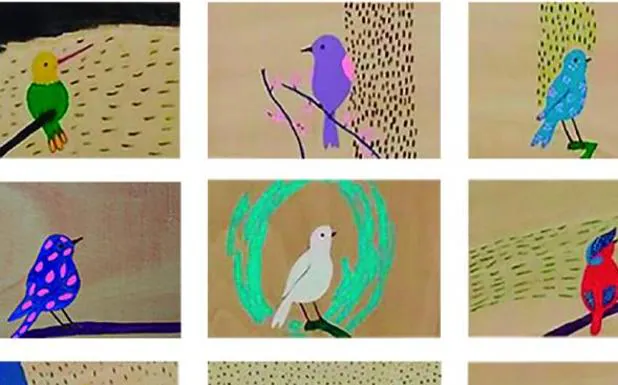 Obras con pájaros de la artista Elba Martínez, que pueden verse en la galería Arteko.