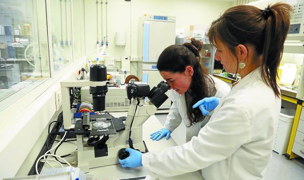 Oihane Mitxelena y Maite Mujika trabajan en uno de los laboratorios de Ceit-IK4. 