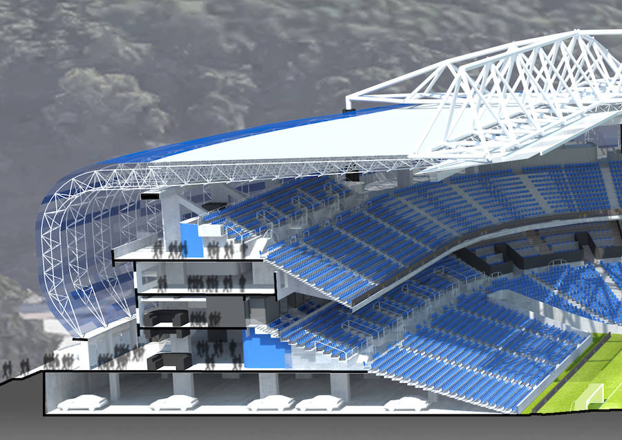 Imagen. Vista lateral de una de las gradas en la que puede verse la 'membrana' que cubrirá y protegerá los accesos, así como el balcón superior que rodeará todo el estadio. 