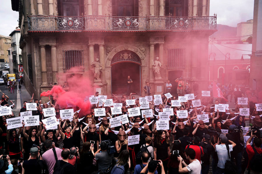 Las organizaciones animalistas Personas por el Trato Ético de los Animales (PETA) y AnimaNaturalis se han concentrado este jueves, víspera del comienzo de los Sanfermines, en una protesta antitaurina que ha tenido lugar en la plaza Consistorial, frente al Ayuntamiento de Pamplona.