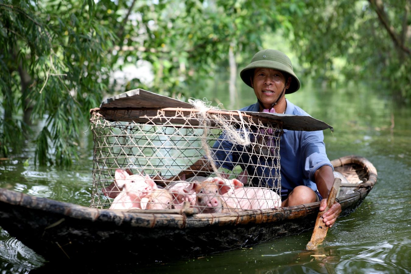 El municipio de Nam Phuong Tien, distrito de Chuong My en Hanói inundado el 30 de julio de 2018. Las fuertes lluvias de la semana pasada provocaron inundaciones en más de 600 casas del distrito, y alrededor de 830 hogares permanecen incomunicados, informaron hoy medios locales.