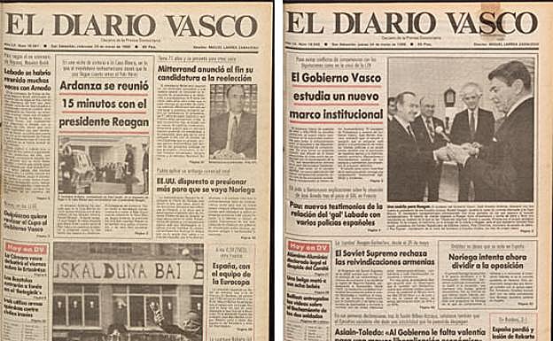 Portadas de El Diario Vasco de los días 23 y 24 de marzo de 1988 en los que se mostraba la visita de Ardanza a la Casa Blanca. 