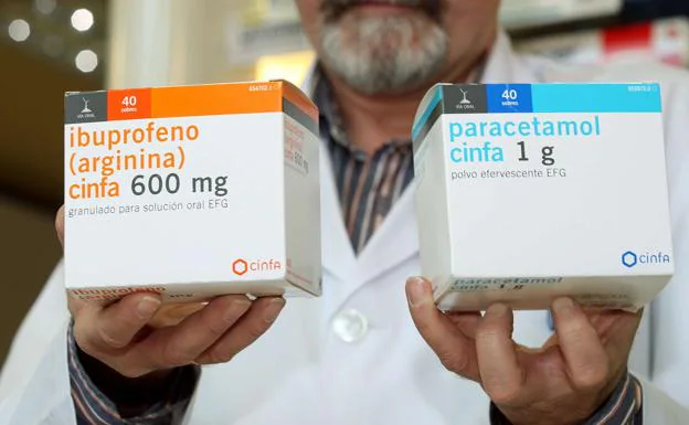 Un farmacéutico muestra una caja de ibuprofeno y otra de paracetamol. 