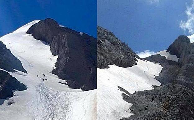 La Escupidera del Monte Perdido, el 6 de julio y el 2 de agosto, cargada de nieve y con la trocha abierta entre el corredor. 