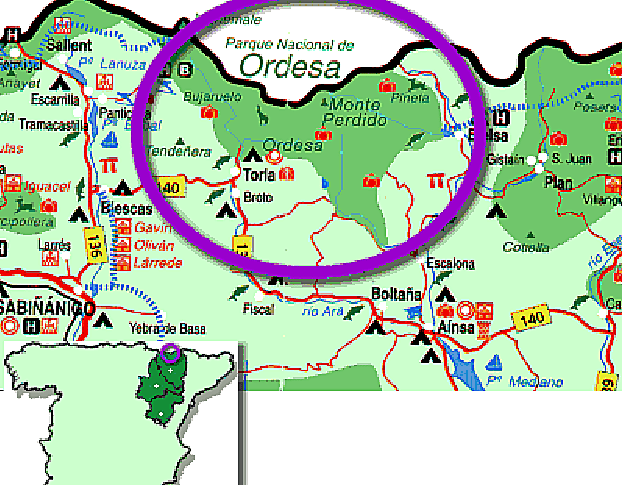 El círculo morado de la imagen inferior señala la ubicación del Parque Nacional de Ordesa y Monte Perdido, en Huesca, con más detalle en la imagen grande.