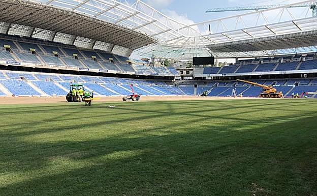 Trabajos de instalación del césped este martes a primera hora de la tarde. 