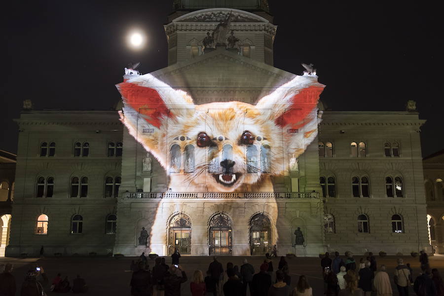 El espectáculo de luz 'Rendez-vous Bundesplatz' proyecta imágenes de 'Le Petit Prince' (El Principito) del autor Antoine de Saint-Exupery en la fachada de la Bundeshaus (Edificio del Parlamento) en la plaza Bundesplatz en Berna (Suiza). El espectáculo multimedia se puede ver de forma gratuita del 19 de octubre al 24 de noviembre.