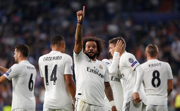 Marcelo celebra su gol al Viktoria Pilsen. 