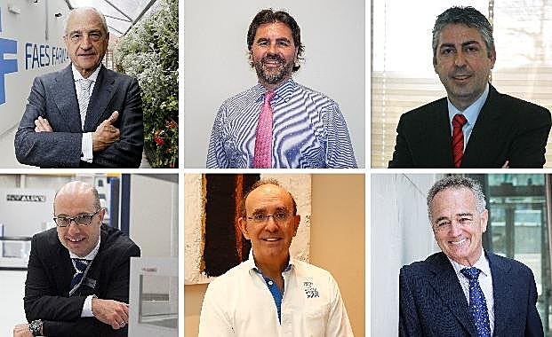 De izquierda a derecha y de arriba abajo: Mariano Ucar (Faes Farma), Manuel Baraza (Ibermática), Oscar Goitia (Mondragón), Iñigo Kortabarria (Soraluce), Eduardo Anitua (bti) y Antón Pradera (Cie Automotive)