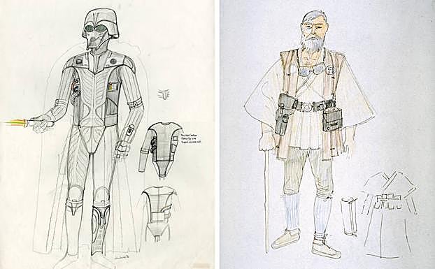 Bocetos de John Mollo con pruebas de vestuario para Darth Vader y Obi-Wan Kenobi.