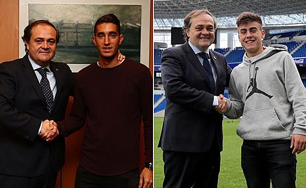 El presidente de la Real, Jokin Aperribay, estrecha la mano a Roberto López y Ander Barrenetxea tras firmar sus respectivas renovaciones ayer en Anoeta.