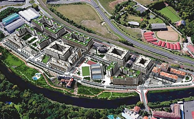 Imagen aérea virtual de Txomin Enea al completo, con las viviendas de la segunda fase (izquierda) ocupando los suelos de la vieja cárcel. 