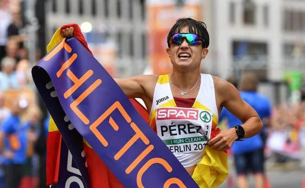 María Pérez, en el momento en el que se corona como campeona europea de 20km marcha.