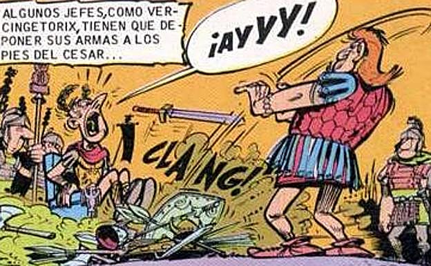 Una viñeta de Astérix en referencia a la rendición de Vercingétorix. 