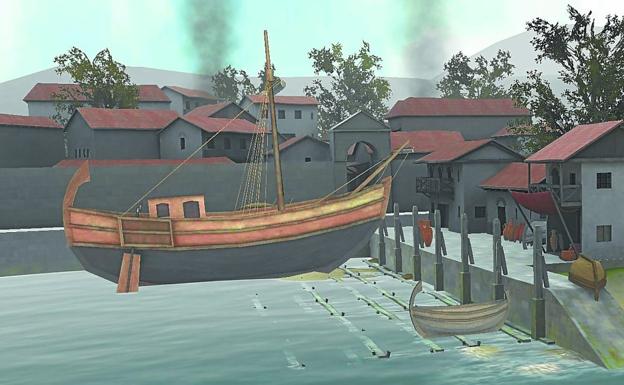 Recreación en 3D incluida en la aplicación que muestra el puerto de Oiasso, ubicado en el entorno de la actual calle Santiago.