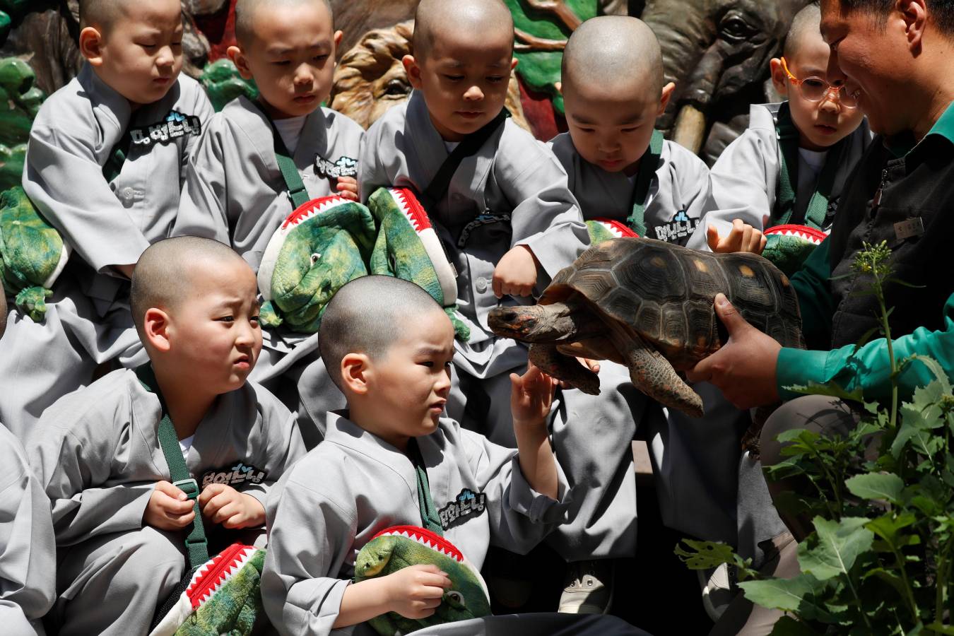 Monjes novicios surcoreanos disfrutan de su visita a Everland, el parque de diversiones más grande de Corea del Sur. Los niños están experimentando la vida monástica en las tres semanas previas al próximo cumpleaños de Buda el 12 de mayo.