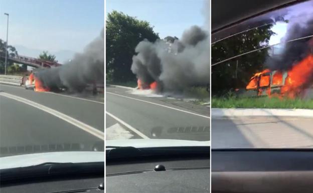 Una furgoneta en llamas y sin conductor recorre 100 metros en Bilbao